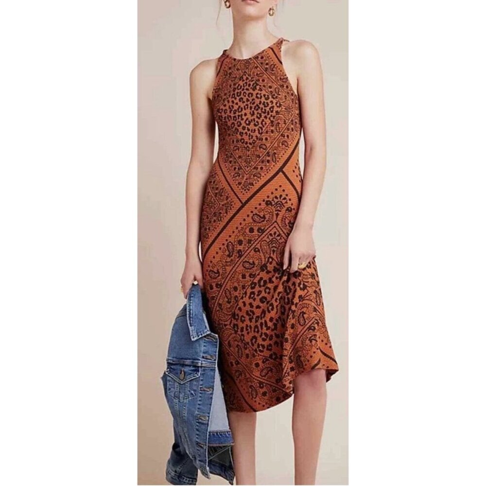 NEW Farm Rio Anthropologie Alyse Midi Dress Cheetah Orange Size S $148 [jb]